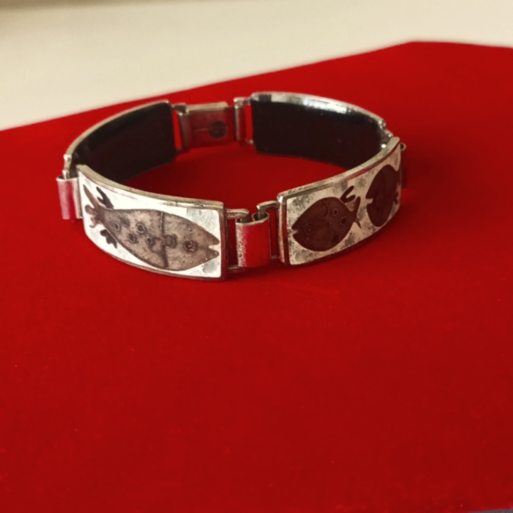 Perli Werkstatte Germany 1950s Enamel Copper/Sterling Link Fish Bracelet Marked - Picture 2 of 9